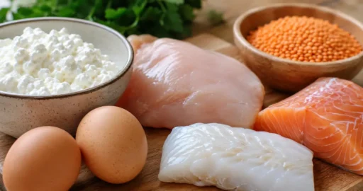 Белковые продукты: яйца, творог, куриная грудка и чечевица на разделочной доске