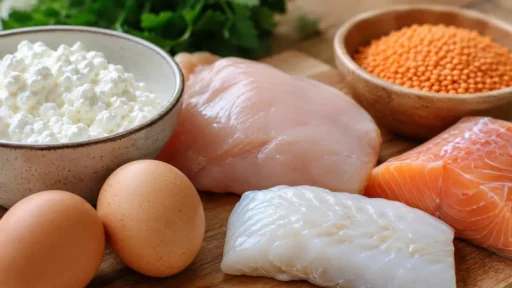 Белковые продукты: яйца, творог, куриная грудка и чечевица на разделочной доске