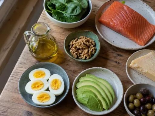 Продукты кето-диеты: авокадо, лосось, яйца, сыр, зелень и оливковое масло на столе