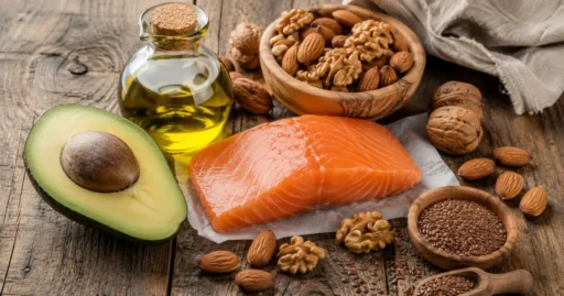Продукты с полезными жирами: авокадо, лосось, оливковое масло, орехи и семена