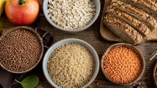 Продукты, богатые углеводами: крупы, цельнозерновой хлеб, бобовые и фрукты на столе