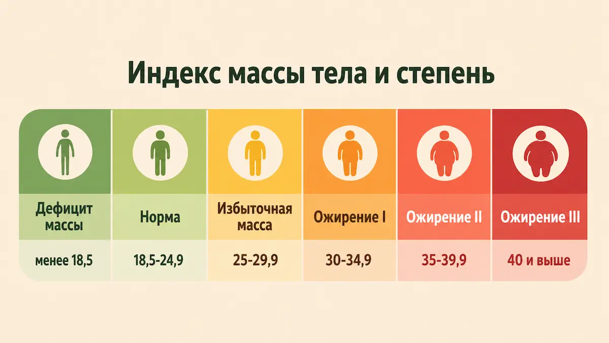 Шкала ИМТ от дефицита массы до ожирения третьей степени с диапазонами