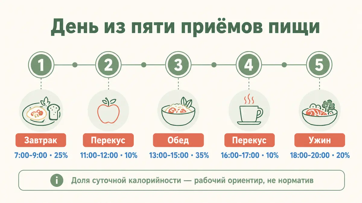Лента из пяти приёмов пищи с ориентирами по времени и долей суточной калорийности