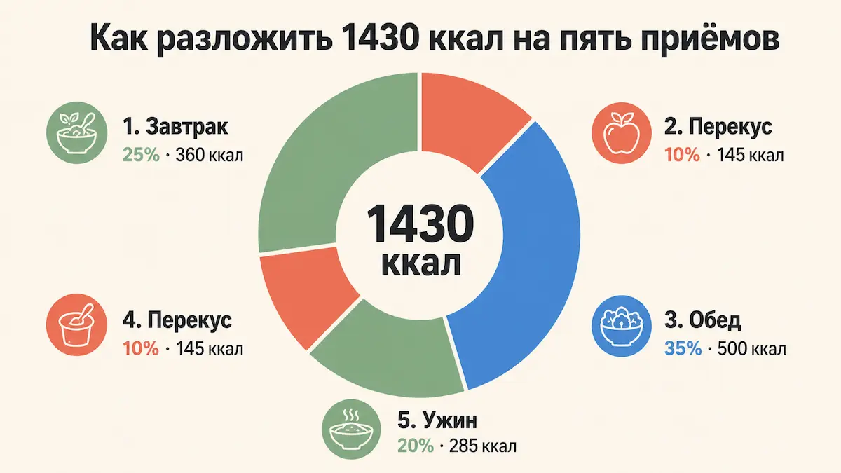 Круговая диаграмма распределения суточной калорийности по пяти приёмам пищи в процентах