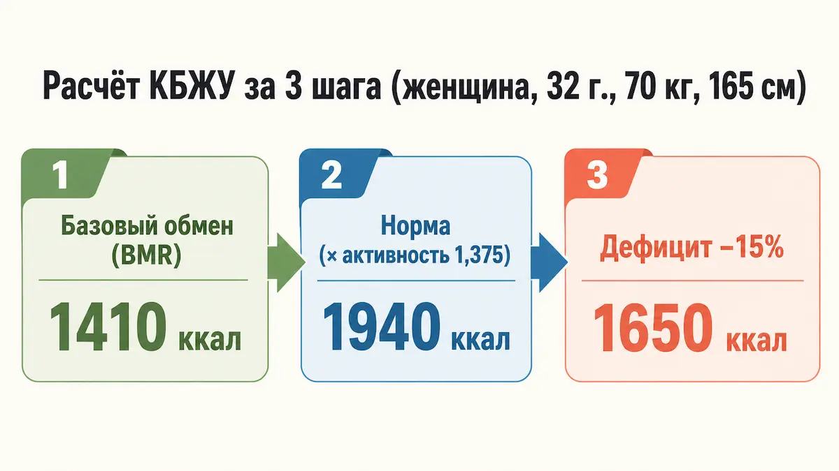 Пример расчёта КБЖУ по шагам: BMR, норма калорий, дефицит