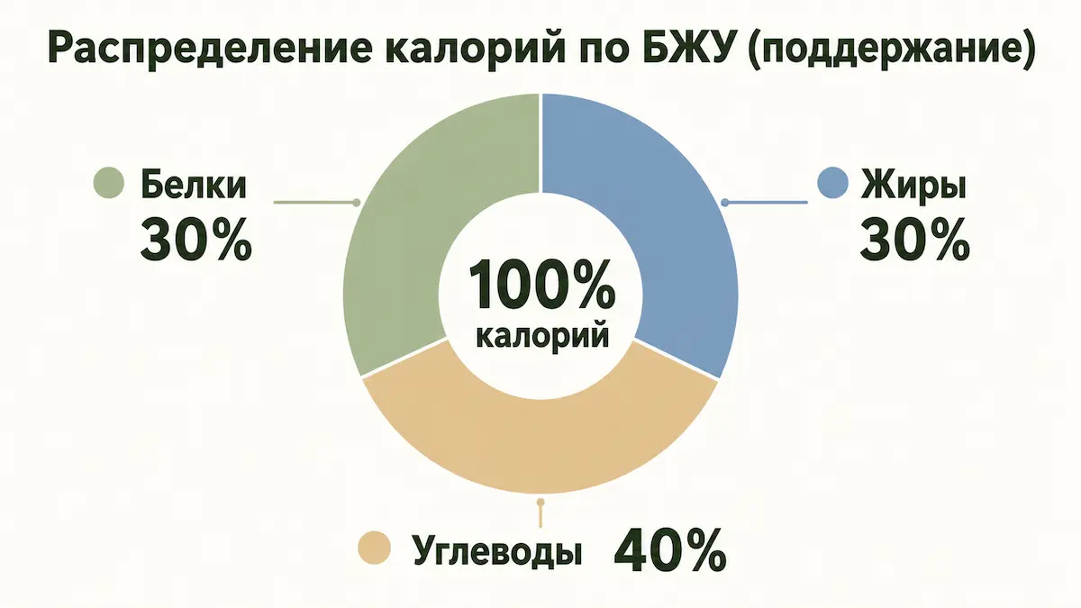 Распределение калорий: 30% белки, 30% жиры, 40% углеводы