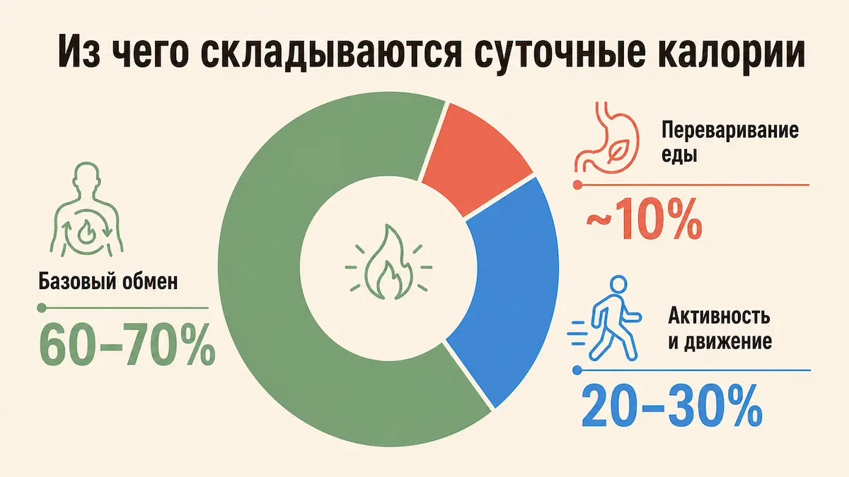 Круговая схема суточных энерготрат: базовый обмен 60–70%, активность 20–30%, переваривание еды 10%