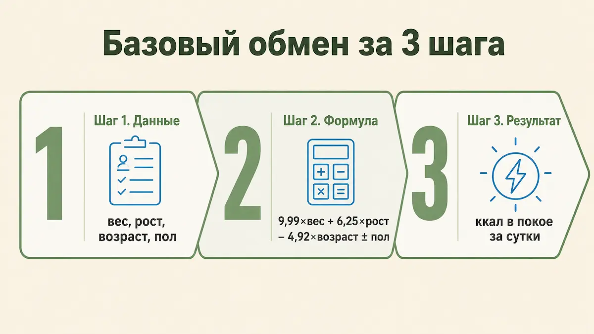 Три шага расчёта базового обмена: данные тела, формула Миффлина, результат в килокалориях