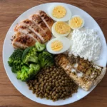 Белковое меню на неделю: тарелка с белком, гарниром и овощами