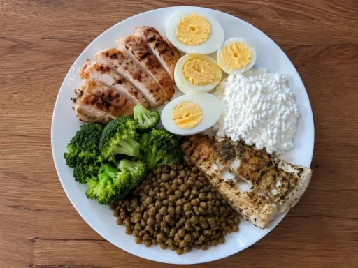 Белковое меню на неделю: тарелка с белком, гарниром и овощами