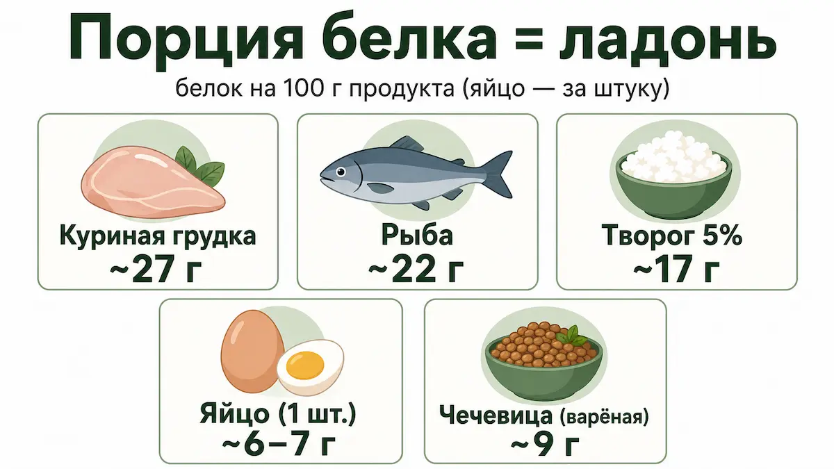 Порция белка размером с ладонь: граммы белка в продуктах