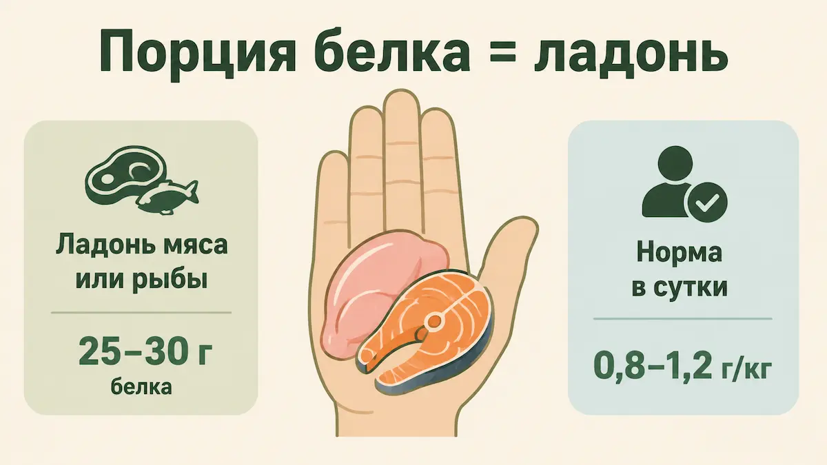 Наглядные порции белка: ладонь мяса или рыбы — около 25–30 г белка