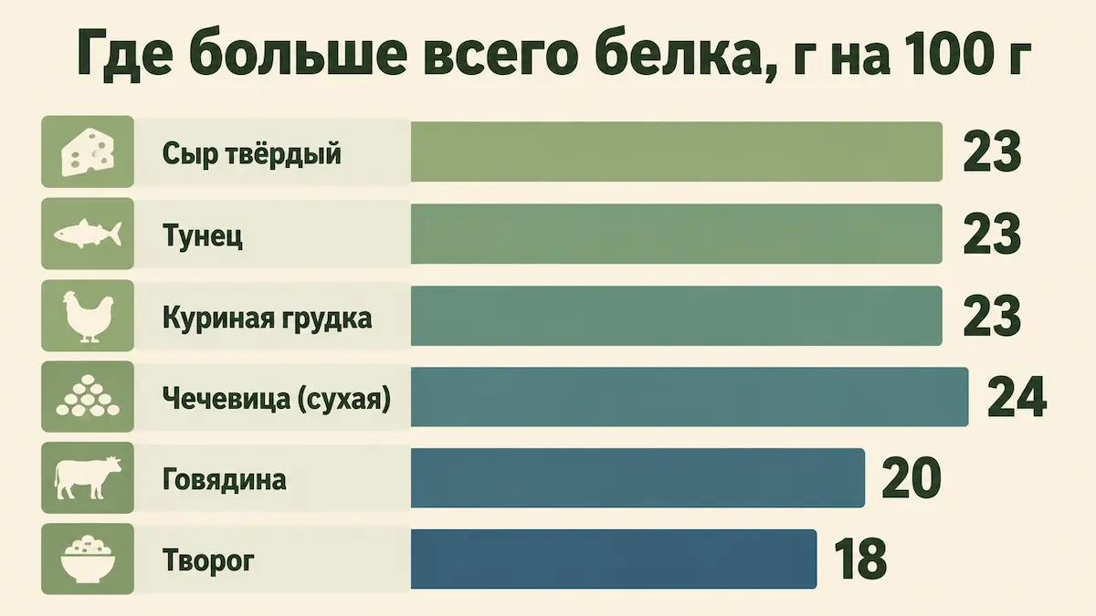 Рейтинг белковых продуктов по содержанию белка на 100 грамм: сыр, мясо, рыба, творог, бобовые