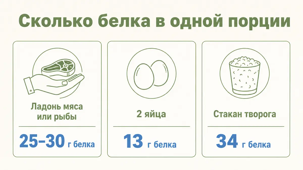 Сколько белка в одной порции: ладонь мяса, два яйца, стакан творога