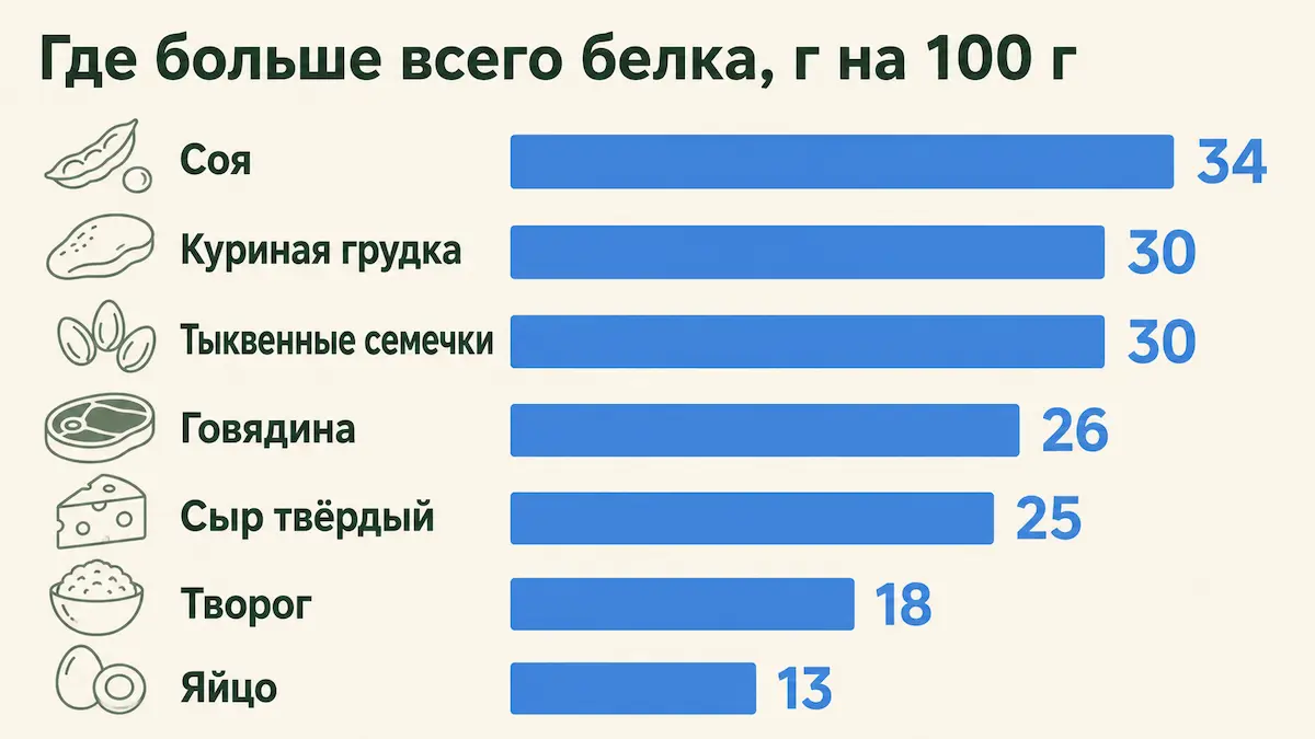 Рейтинг продуктов по содержанию белка на 100 грамм