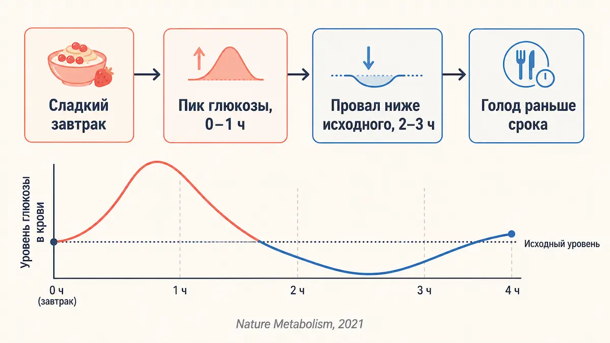 Схема: скачок глюкозы после сладкого, провал через 2–3 часа и возвращение голода