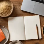 Свежие продукты, блокнот и ноутбук на столе — тема разницы нутрициолога и диетолога