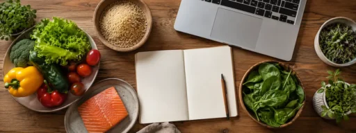Свежие продукты, блокнот и ноутбук на столе — тема разницы нутрициолога и диетолога