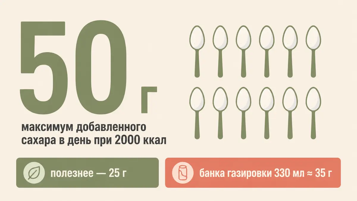 Инфографика: 50 граммов добавленного сахара равны 12 чайным ложкам