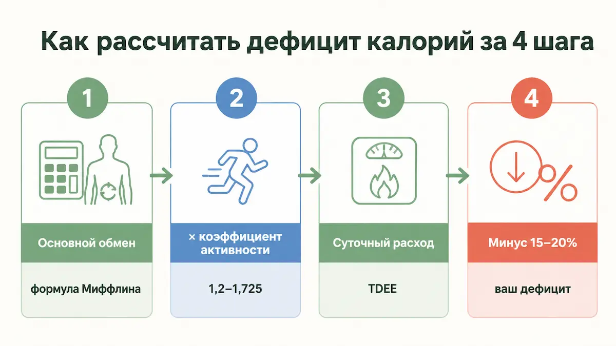 Как рассчитать дефицит калорий за четыре шага: основной обмен, активность, расход, минус 15–20 процентов
