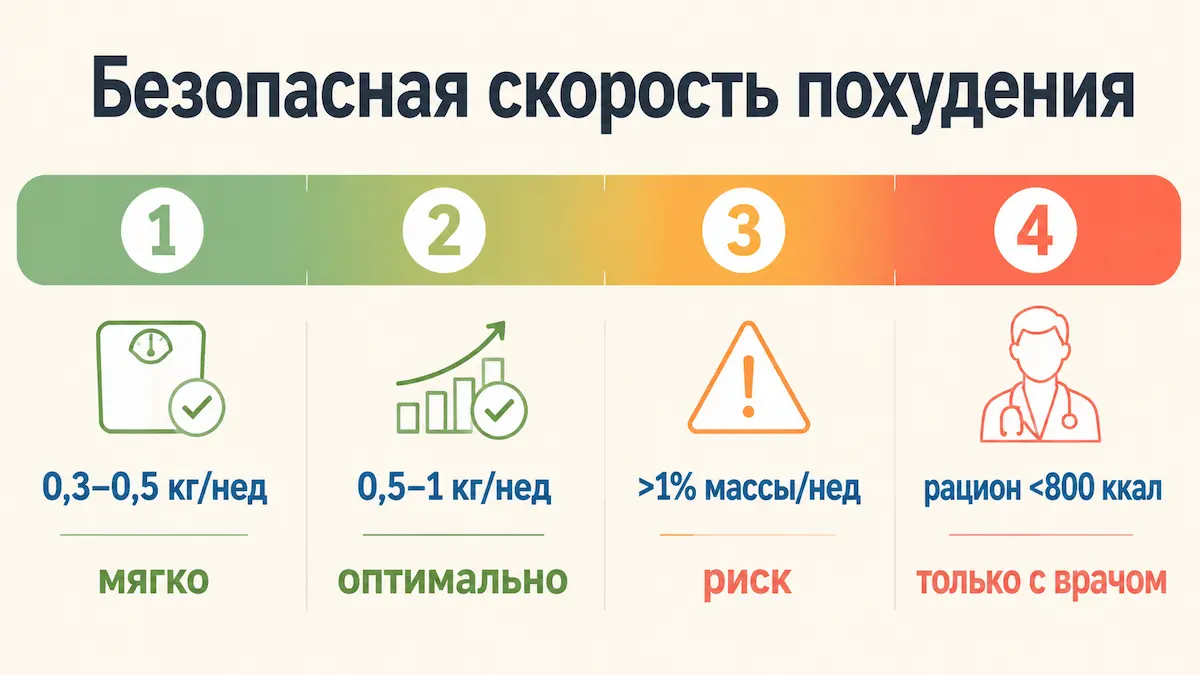 Безопасная скорость похудения: от 0,5 до 1 кг в неделю — зелёная зона, более 1 процента массы — зона риска