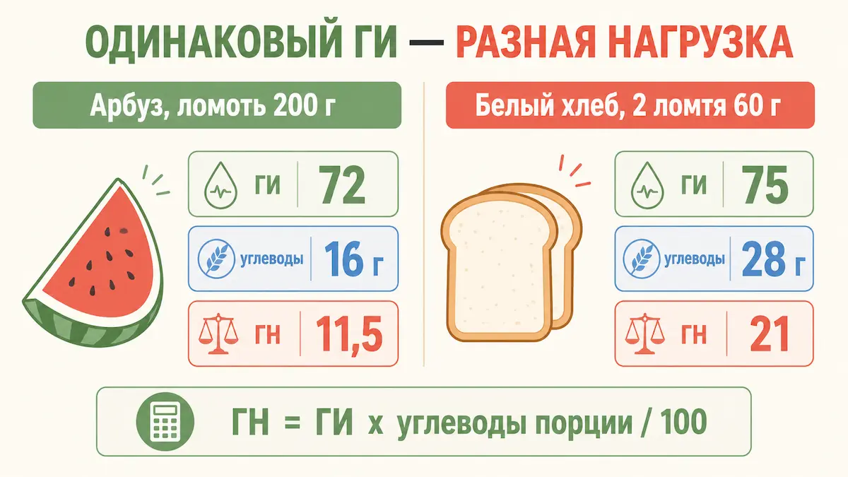 Сравнение: арбуз и белый хлеб при одинаковом гликемическом индексе дают разную гликемическую нагрузку порции
