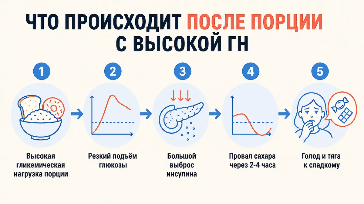 Схема: высокая гликемическая нагрузка порции — скачок глюкозы — выброс инсулина — провал сахара — голод