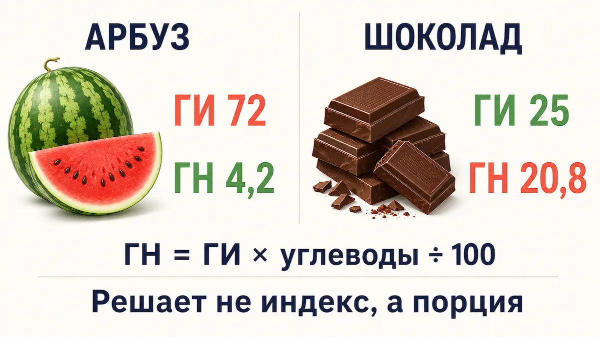 Сравнение арбуза и молочного шоколада по гликемическому индексу и нагрузке