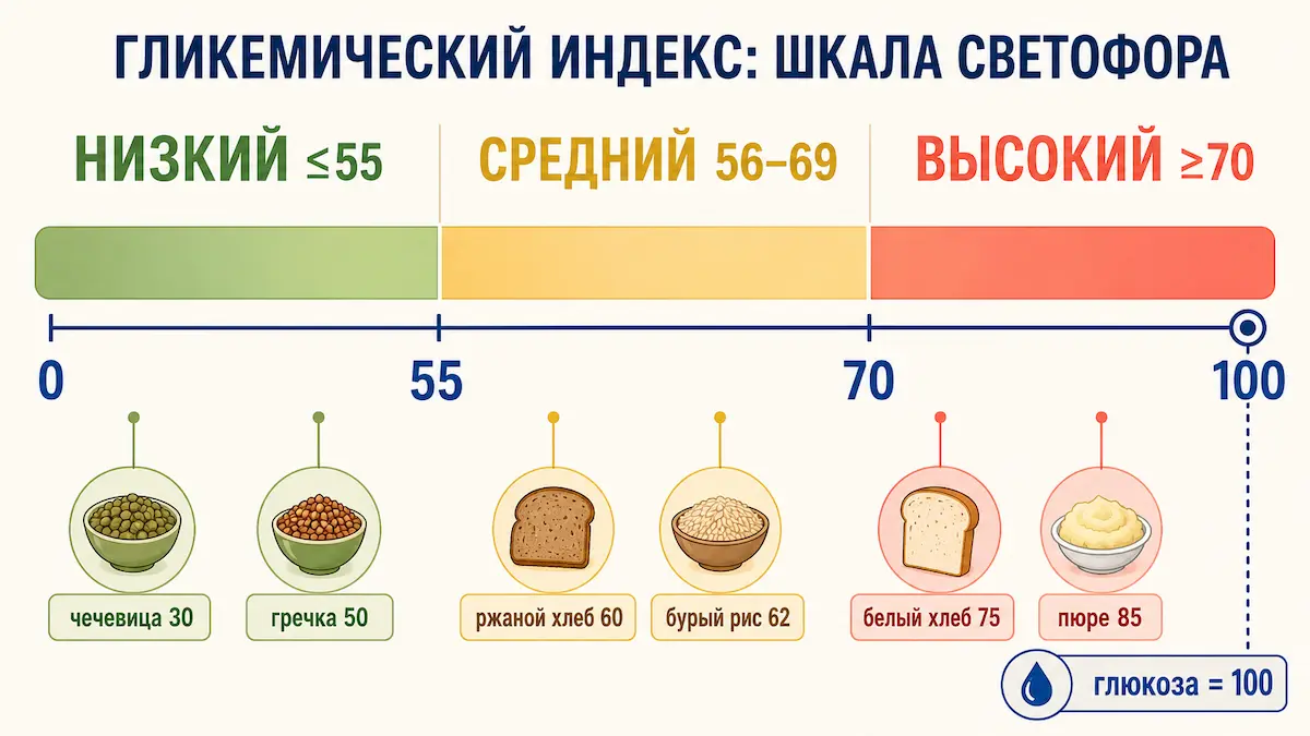 Шкала гликемического индекса: низкий до 55, средний 56–69, высокий от 70