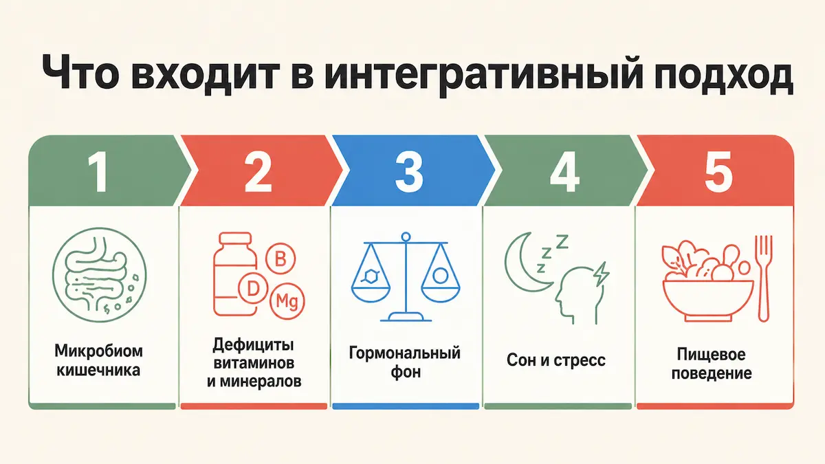 Пять точек внимания интегративного нутрициолога: микробиом, дефициты, гормоны, сон, пищевое поведение