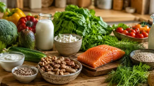 Разнообразие цельных продуктов на кухонном столе — образ интегративного подхода к питанию