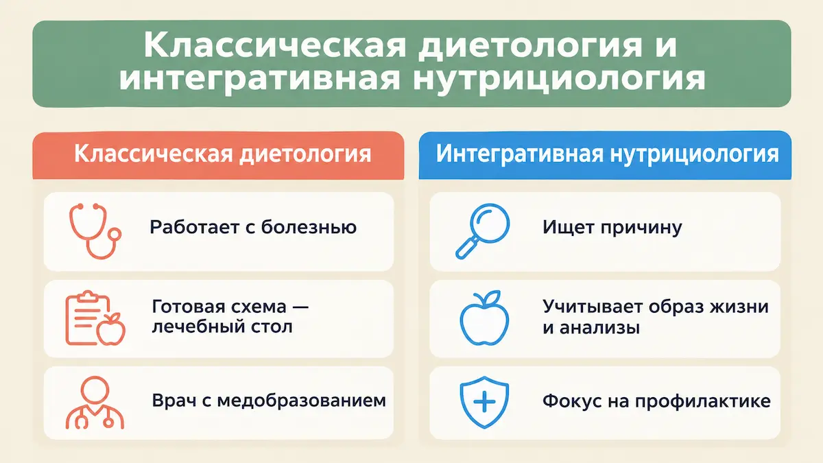 Сравнение классической диетологии и интегративной нутрициологии по фокусу и задачам