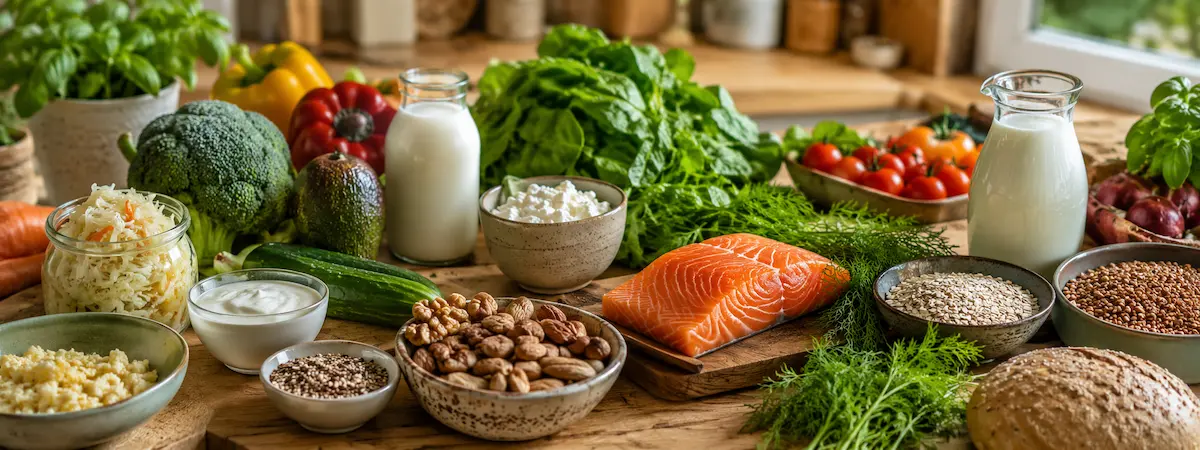 Разнообразие цельных продуктов на кухонном столе — образ интегративного подхода к питанию