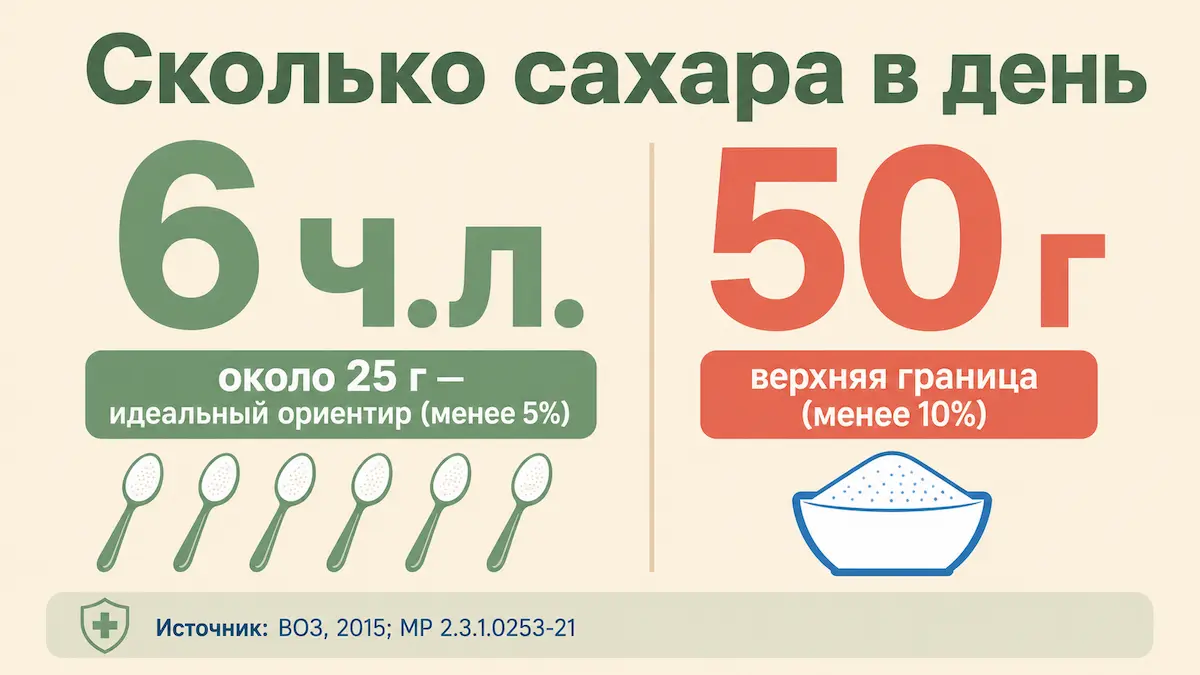Норма сахара в день: около 6 чайных ложек по рекомендации ВОЗ