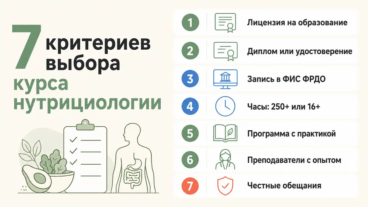 Инфографика: 7 критериев выбора курсов нутрициологии — лицензия, диплом, ФИС ФРДО, часы, программа, преподаватели, обещания