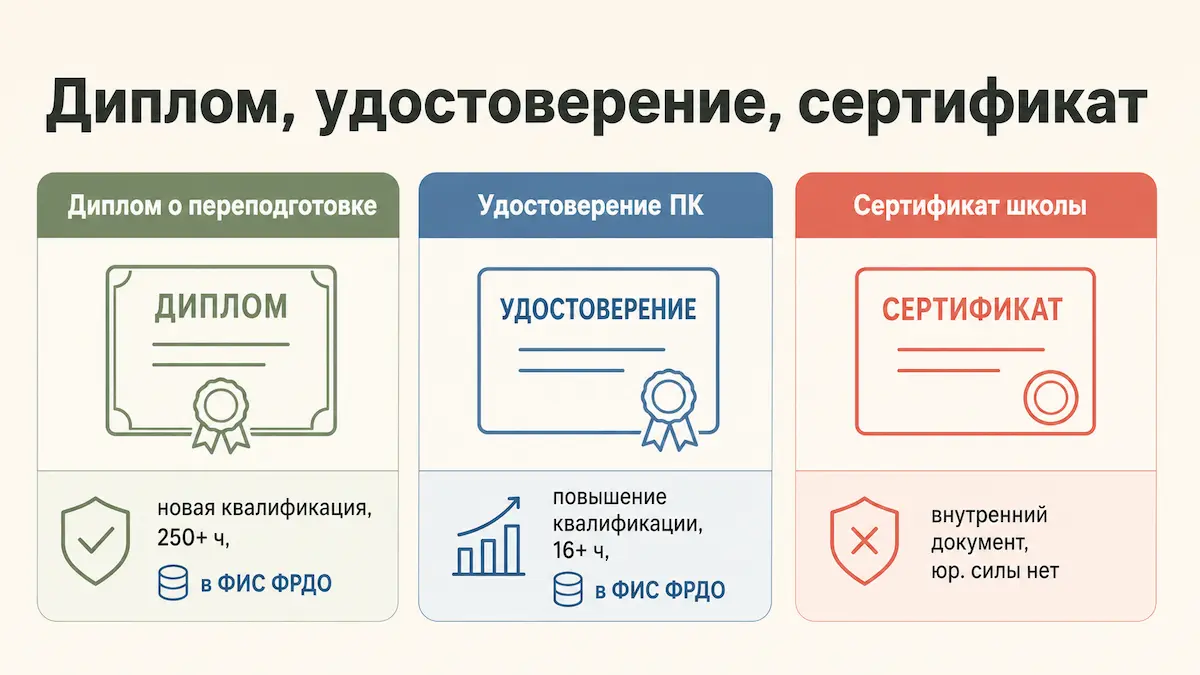 Инфографика: разница между дипломом о переподготовке, удостоверением и сертификатом курса нутрициологии