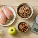 Продукты и кухонные весы — иллюстрация к таблице калорийности продуктов на 100 грамм