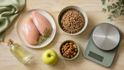Продукты и кухонные весы — иллюстрация к таблице калорийности продуктов на 100 грамм