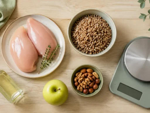 Продукты и кухонные весы — иллюстрация к таблице калорийности продуктов на 100 грамм