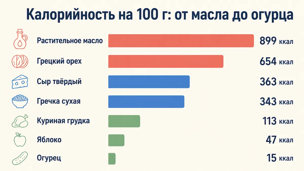 Рейтинг калорийности продуктов на 100 грамм от масла до огурца
