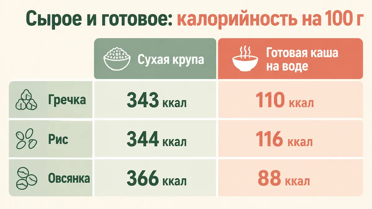 Сравнение калорийности сырых и варёных круп на 100 грамм