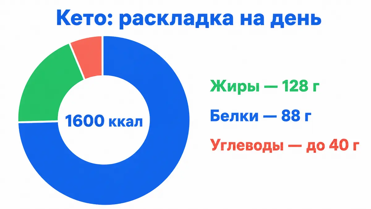 Раскладка БЖУ на кето-диете: 75% жиров, 20% белка, 5% углеводов