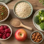 Продукты с высоким содержанием клетчатки: бобовые, отруби, овсянка, овощи, ягоды и орехи