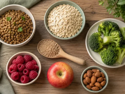 Продукты с высоким содержанием клетчатки: бобовые, отруби, овсянка, овощи, ягоды и орехи