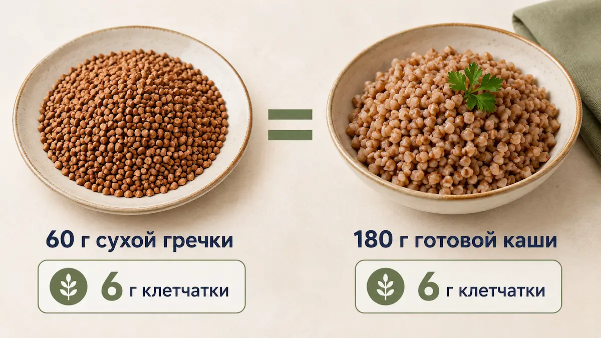 Сравнение: 60 г сухой гречки и 180 г готовой каши содержат одинаковые 6 г клетчатки