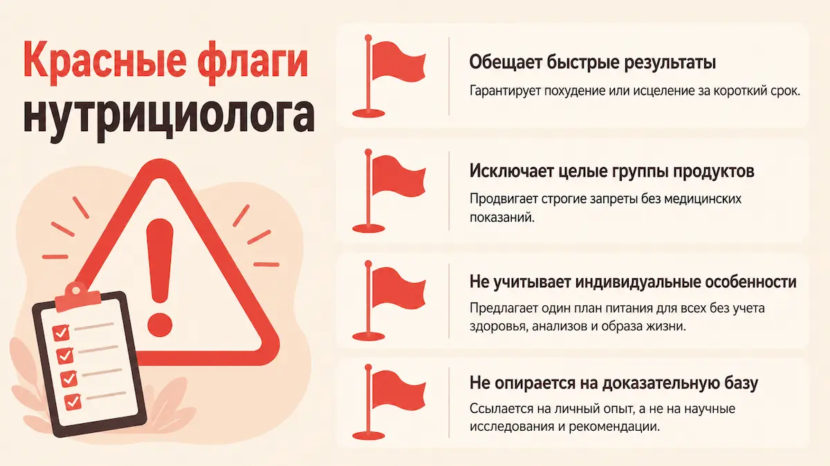 Красные флаги нутрициолога: обещания килограммов, детокс, продажа БАДов, игнор анализов