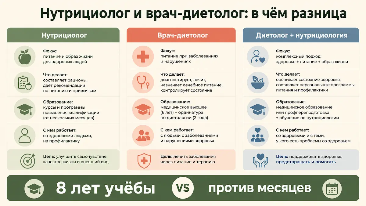 Сравнение: нутрициолог, врач-диетолог и врач-диетолог с нутрициологией — образование и права
