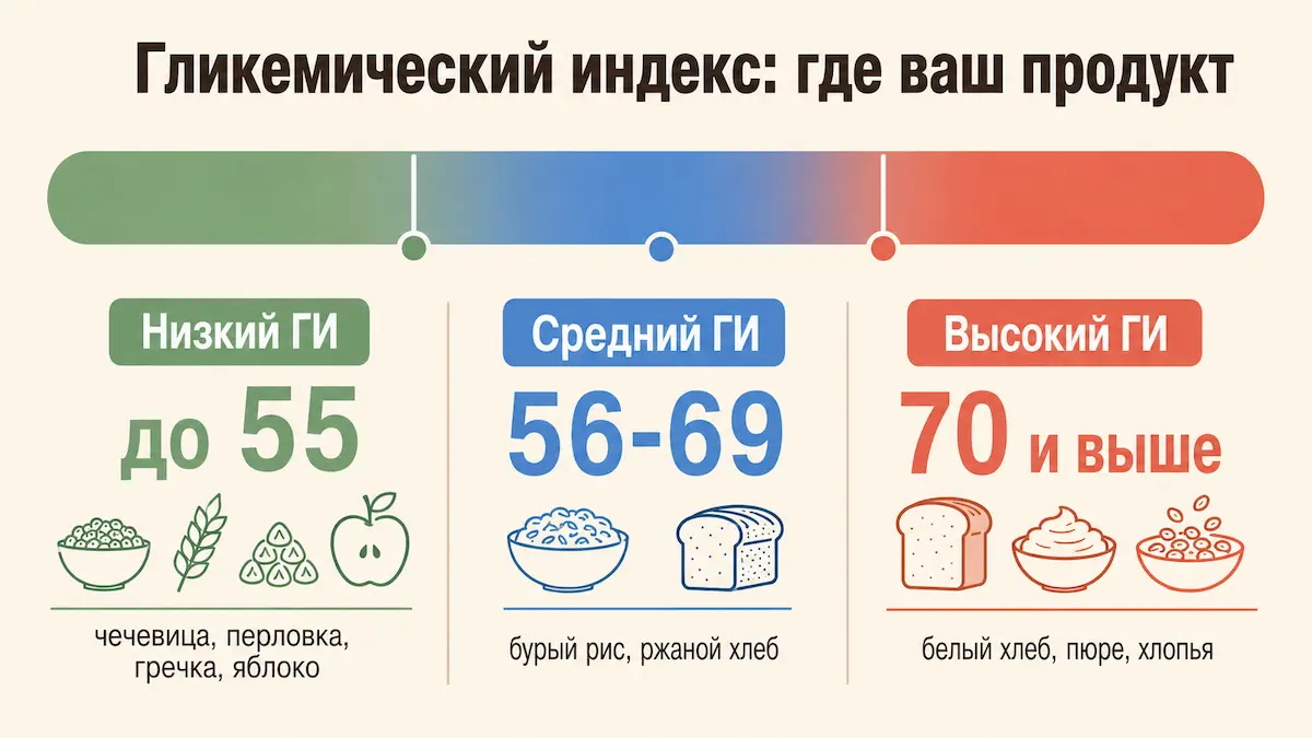 Шкала гликемического индекса: низкий до 55, средний 56–69, высокий от 70