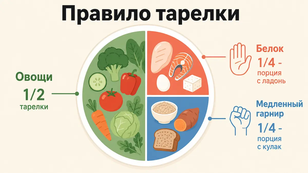 Правило тарелки: половина овощи, четверть белок, четверть медленный гарнир