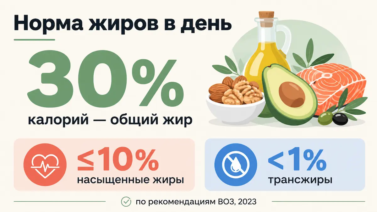Норма жиров в день: до 30% калорий, насыщенных не более 10%
